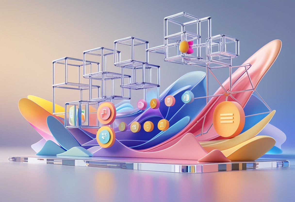 중소형 솔루션의 UX 구조와 예술 감성이 결합된 3D 인터페이스와 추상적 요소들이 조화롭게 배치된 장면