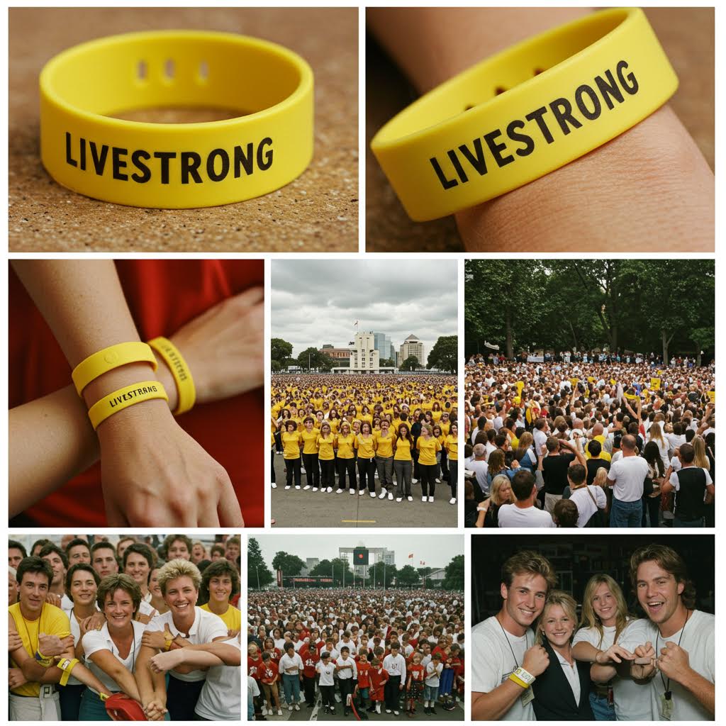 LIVESTRONG 캠페인 팔찌와 대규모 참여자들이 건강 공동체와 희망 나눔을 실천하는 모습