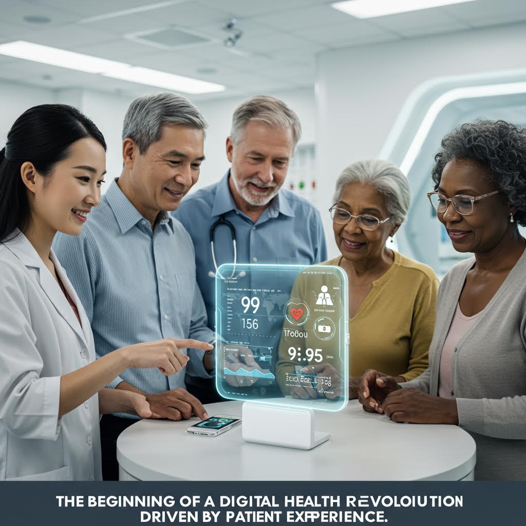 의료진과 환자들이 스마트 헬스 기기를 통해 건강 데이터를 확인하는 장면으로, 온카스터디의 디지털 헬스케어 솔루션이 구현된 모습을 보여준다.