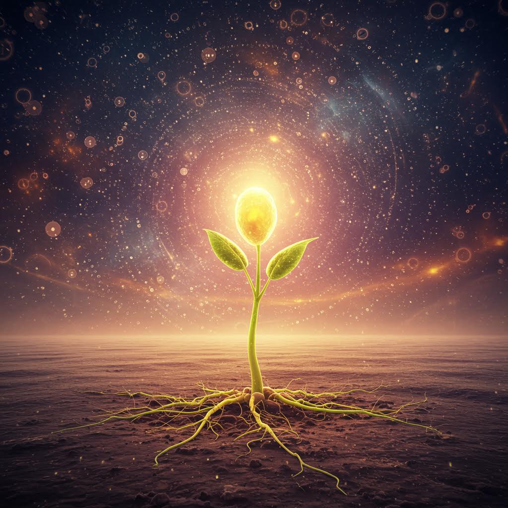 어둠 속에서도 빛을 품은 새싹이 온카스터디의 지식처럼 뿌리에서부터 확장되는 울림