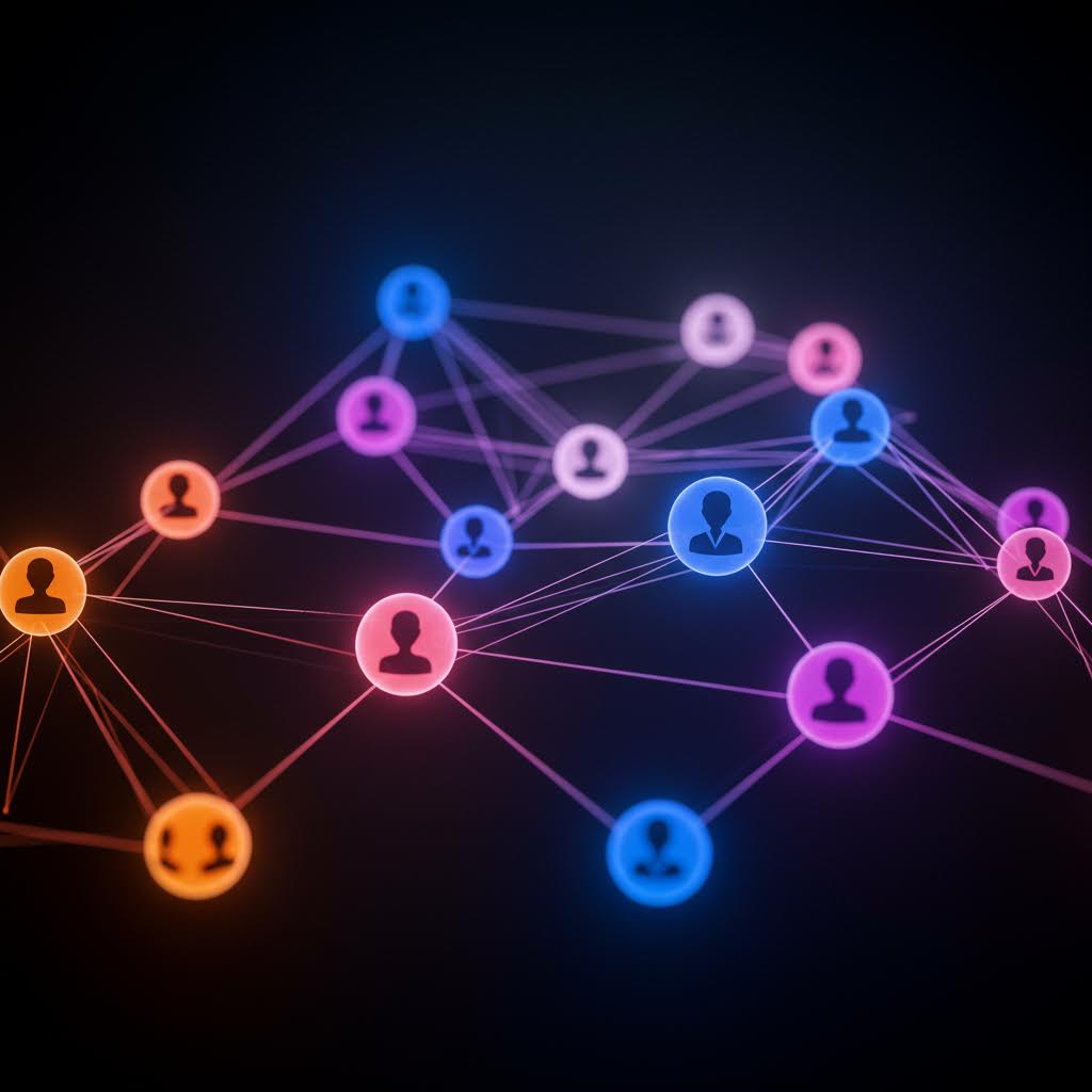 네온 색상의 노드들이 연결된 디지털 네트워크 구조, 온카스터디의 사용자 데이터 기반 커뮤니티 연결망을 시각화한 이미지