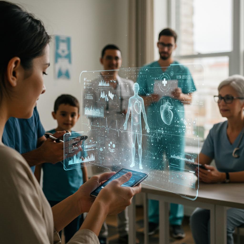 의료진이 증강현실 화면을 통해 환자 데이터를 분석하는 장면, 온카스터디의 헬스 데이터 플랫폼으로 개인 맞춤형 진단이 이루어지는 모습