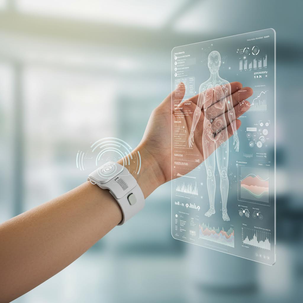 손끝에서 투명한 데이터가 펼쳐지며 온카스터디의 정밀한 분석처럼 몸의 흐름을 읽어내는 순간