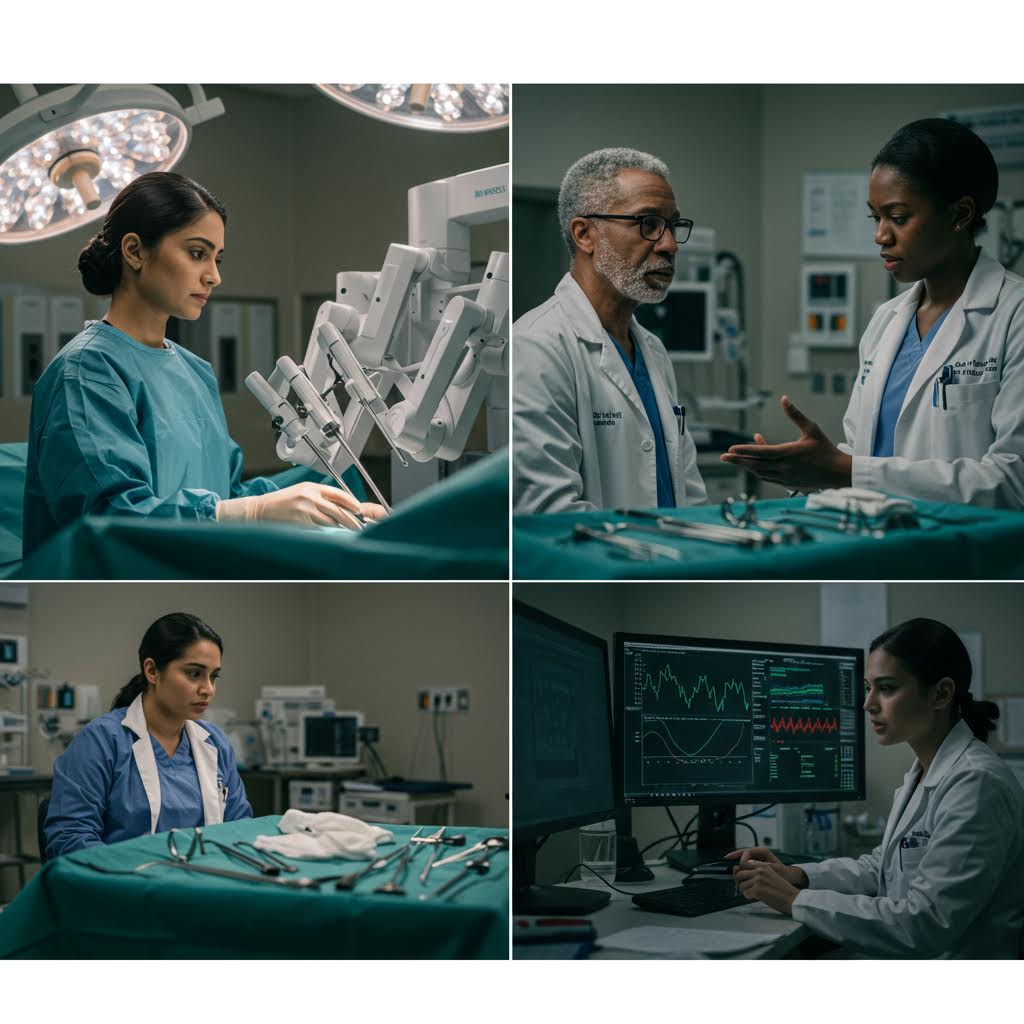 2x2 그리드 4장 사진: 로봇 수술 중인 외과의사, 의사 2명 상담, 수술 도구 준비, 실시간 데이터 모니터링 간호사 – 첨단 의료 현장.