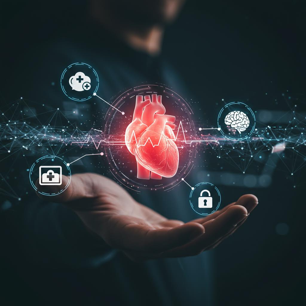 손바닥 위에 빛나는 3D 심장 홀로그램, 주변에 클라우드 헬스·뇌·의료 기록·보안 아이콘 연결된 디지털 헬스케어 네트워크 비전.