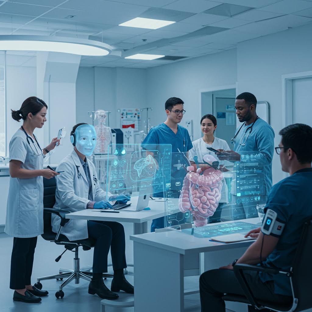 가상 해부 모델 앞에서 토론하는 의사들의 표정 속에 기술과 지식이 교차하는 협업의 흐름