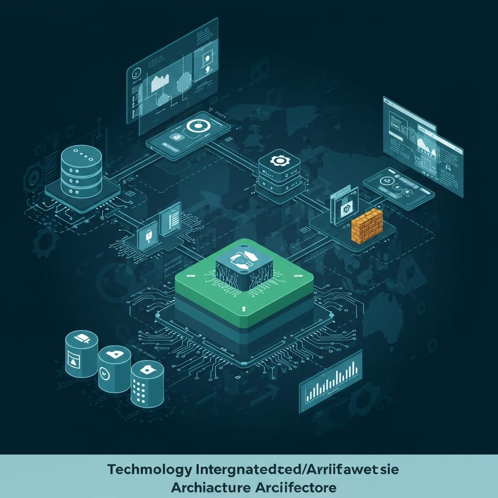 중앙의 프로세서에서 여러 데이터 노드가 연결되며 온카스터디의 통합 기술 아키텍처가 형성되는 장면