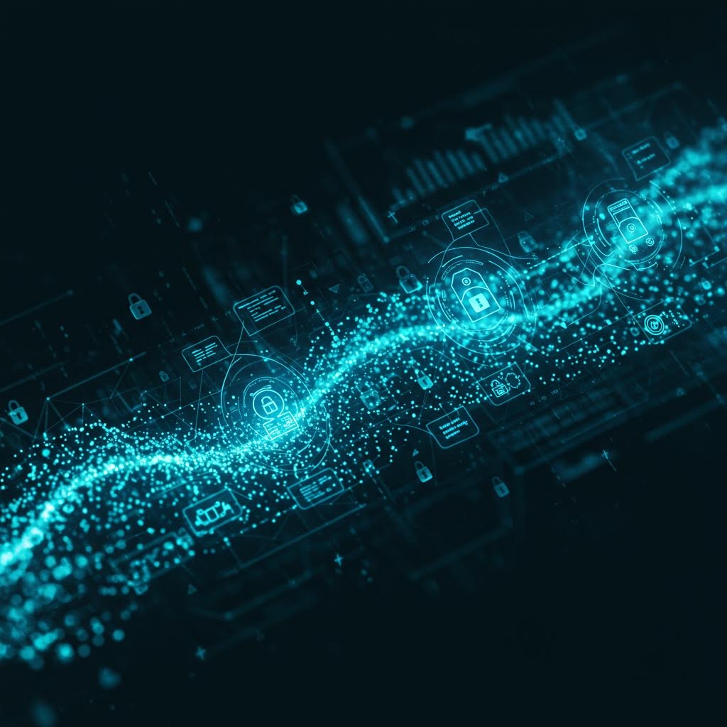 푸른빛 데이터 입자들이 흐름을 이루며 온카스터디의 보안 네트워크가 활성화되는 장면