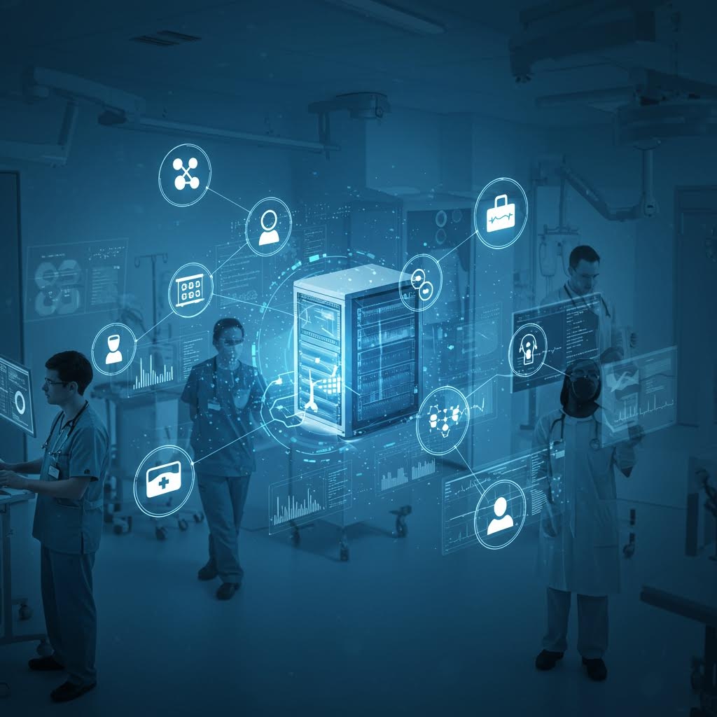 병원 환경에서 중앙의 서버 랙 홀로그램을 중심으로 사용자, 보안, 차트 등의 아이콘이 연결된 의료 데이터 네트워크를 배경으로 일하는 의료진들
