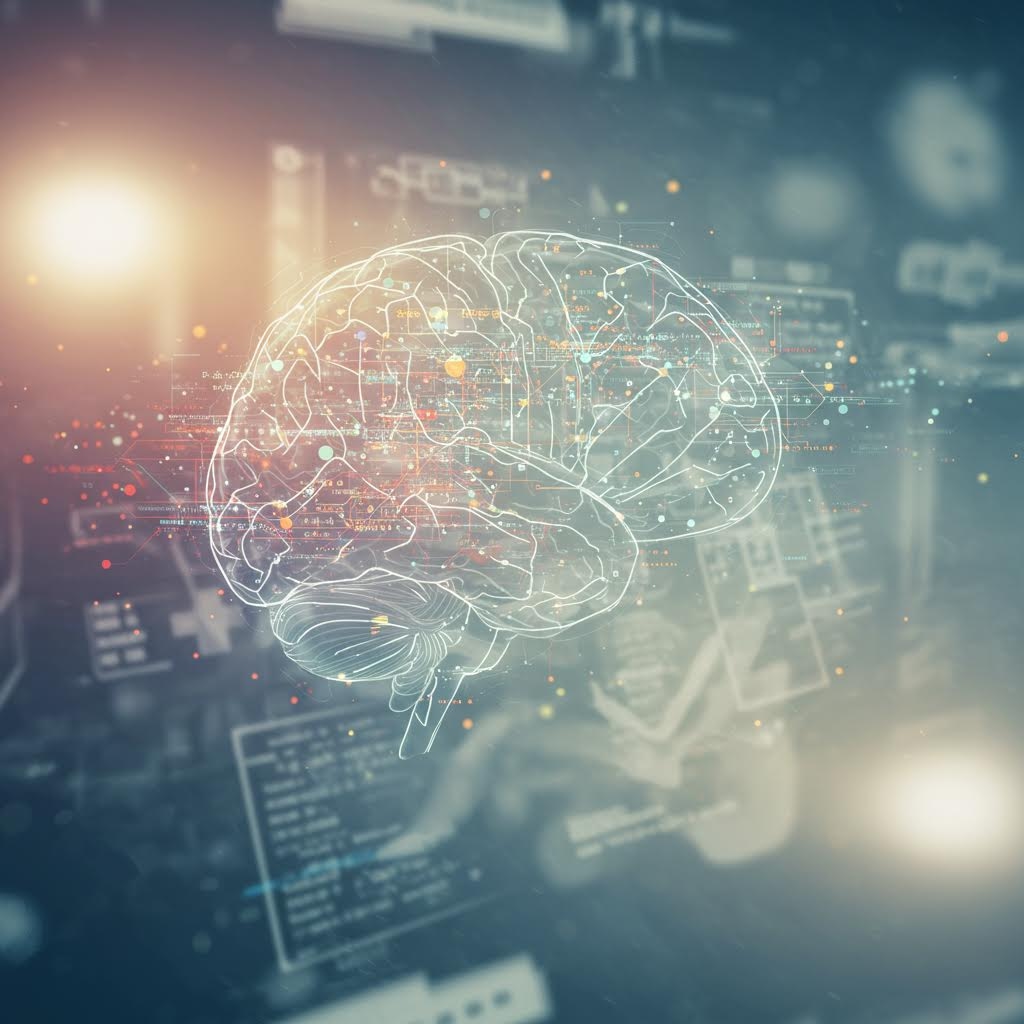 투명한 뇌 형상이 디지털 빛망 속에 떠오르며 온카스터디의 인공지능 분석이 구현되는 장면