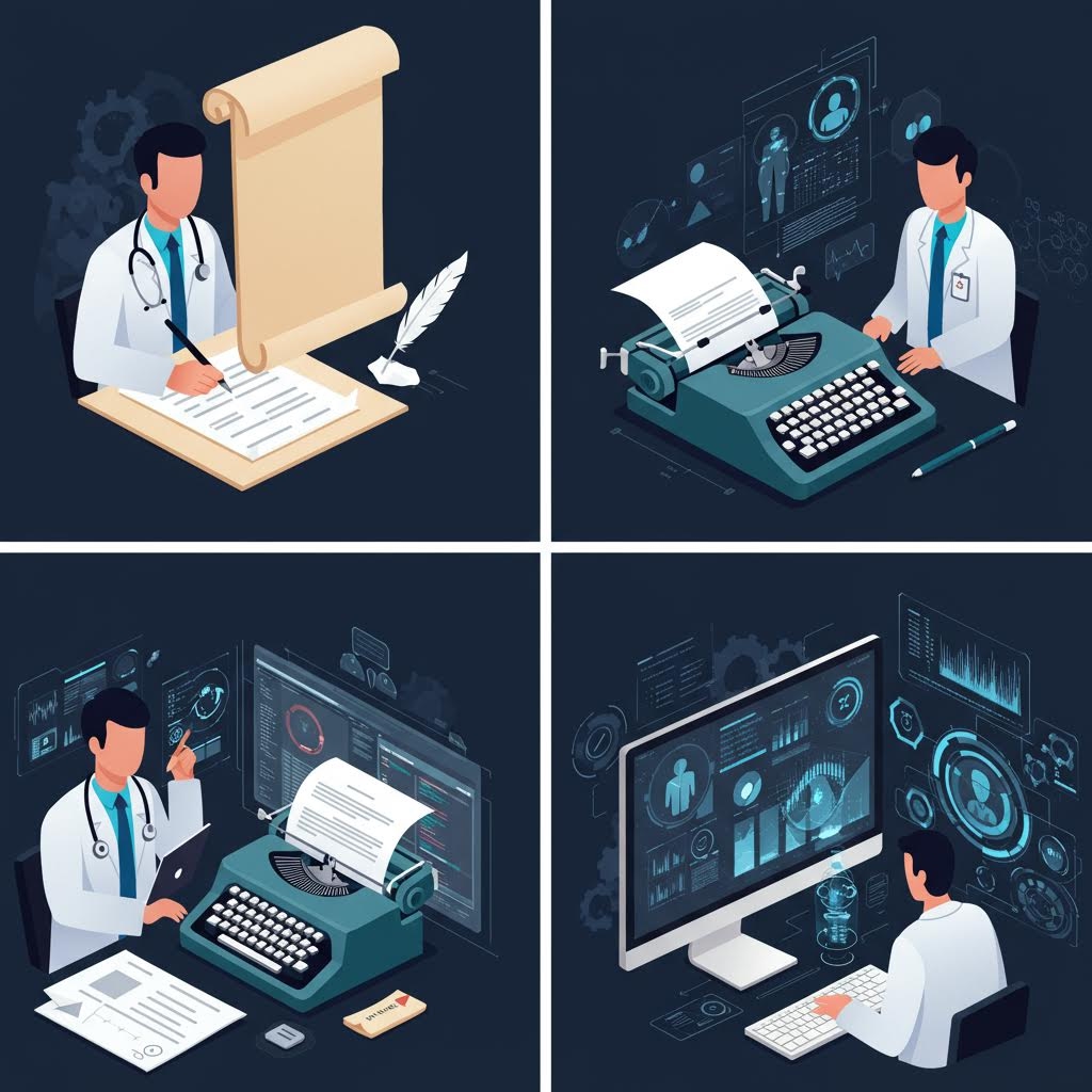 의사가 문서를 작성하던 전통적 방식에서 디지털 분석 화면으로 발전하며 온카스터디의 의료 기록 체계가 변화하는 장면