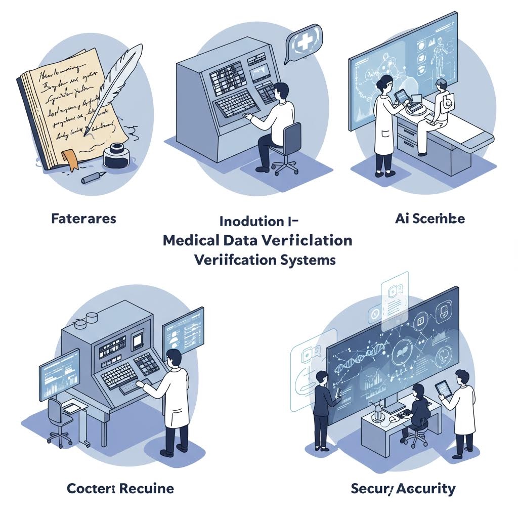 연구자들이 다양한 장비 앞에서 작업하며 온카스터디의 의료 데이터 검증 시스템이 구현되는 장면