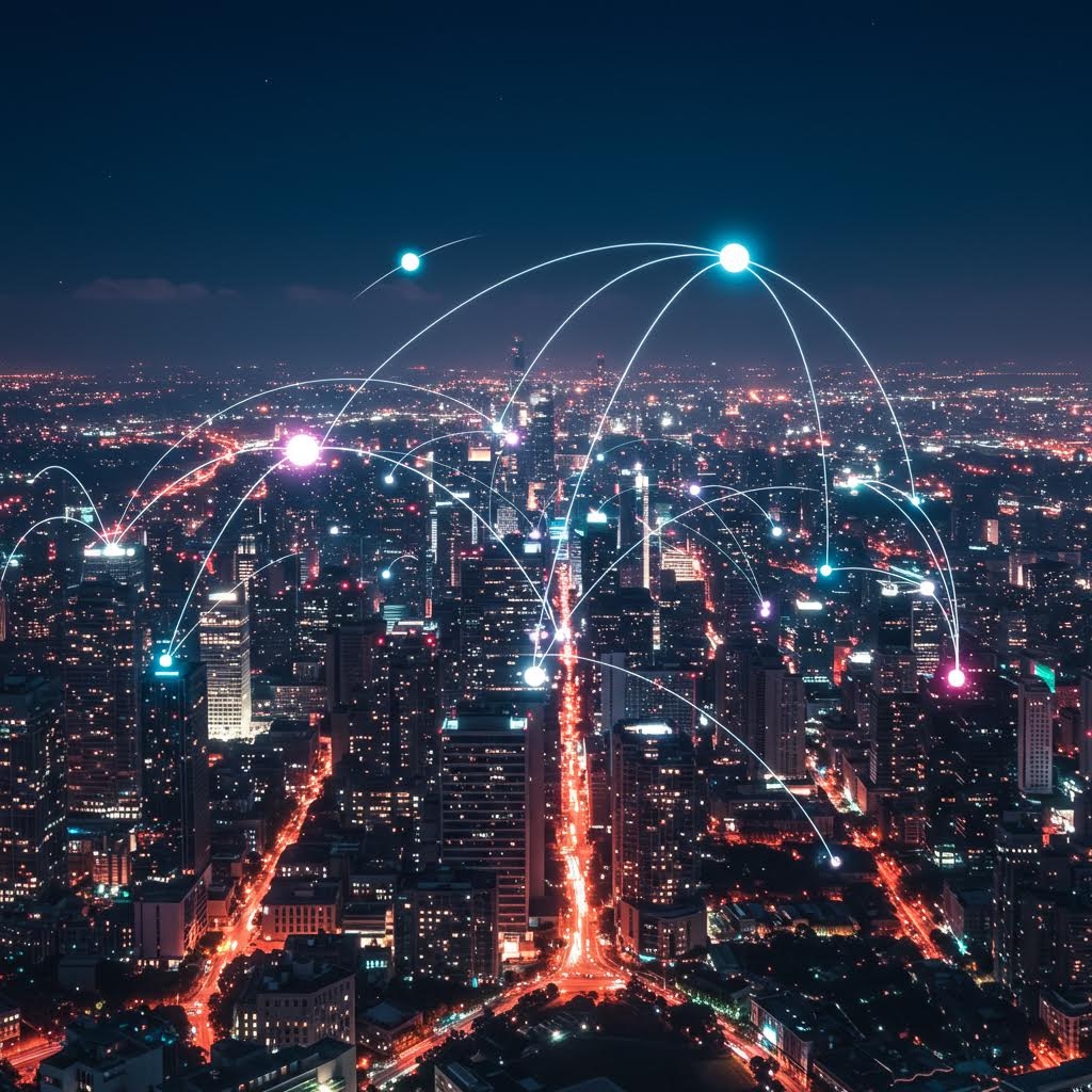 온카스터디 글로벌 네트워크 - 야간 도시 스카이라인 위로 청록색 빛나는 점들이 곡선으로 연결되어 전 세계 데이터 연결성을 시각화한 이미지

