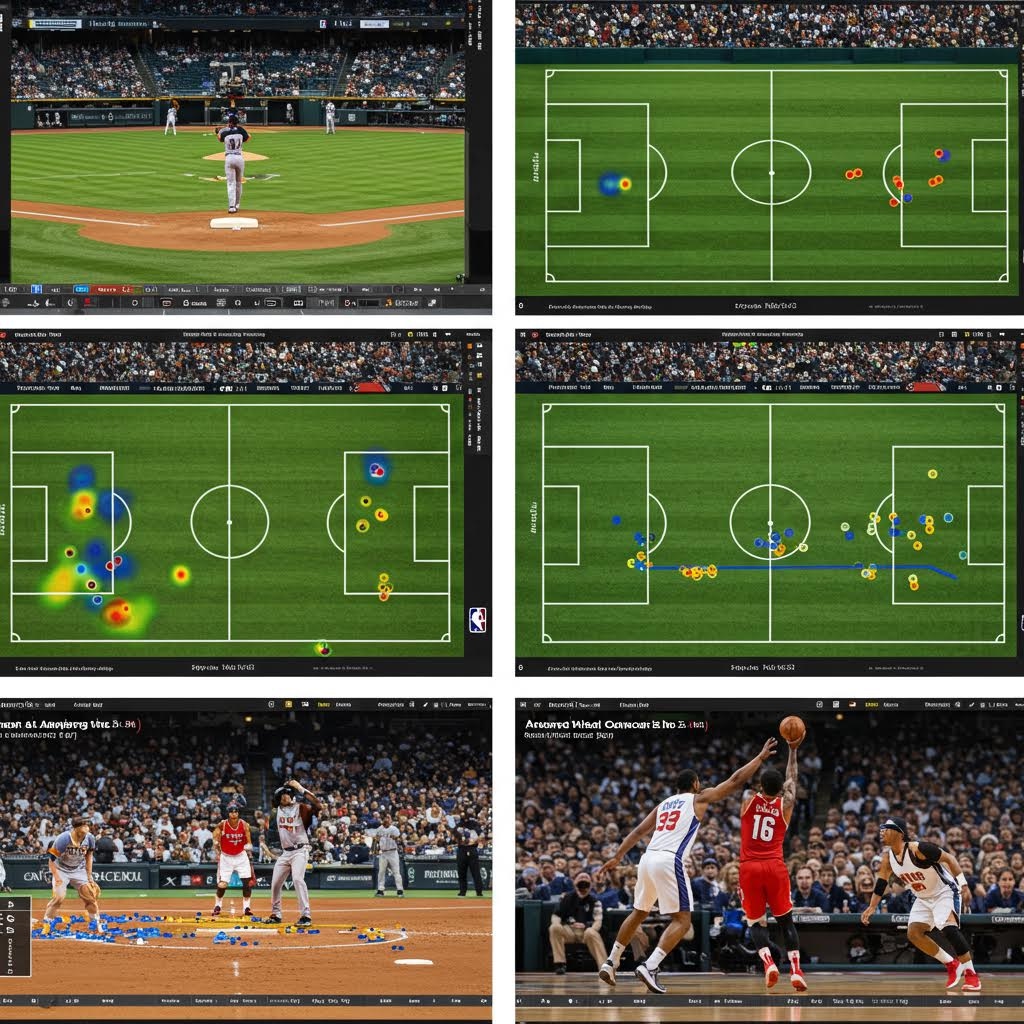 야구·축구·농구 경기 장면과 선수 움직임 히트맵이 함께 표시된 스포츠 데이터 분석 화면.