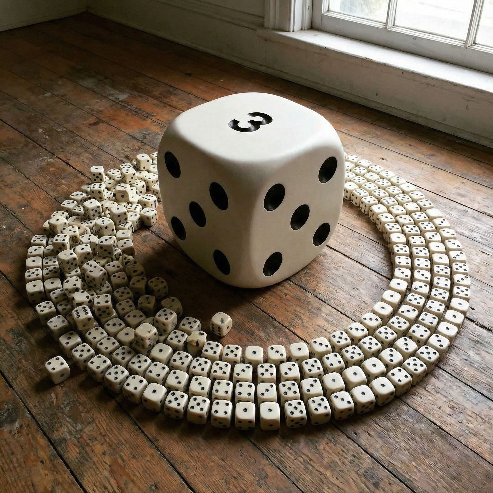 나무 바닥 위에 놓인 거대한 주사위와 수많은 작은 주사위가 원을 이루며 배열된 장면