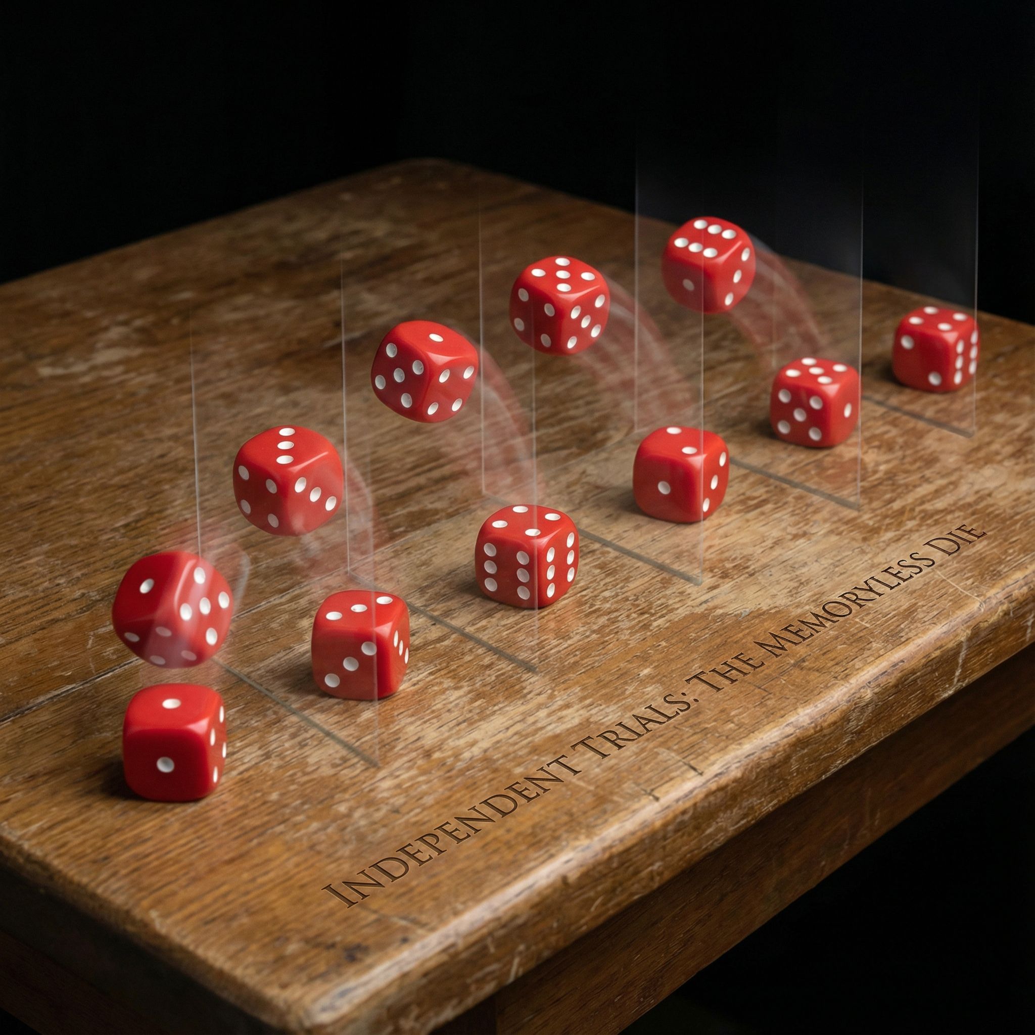 검은 탁자 위에서 흰색 점이 찍힌 빨간 주사위가 여러 차례 던져지며 각각 독립적으로 정지해 있는 모습이다.