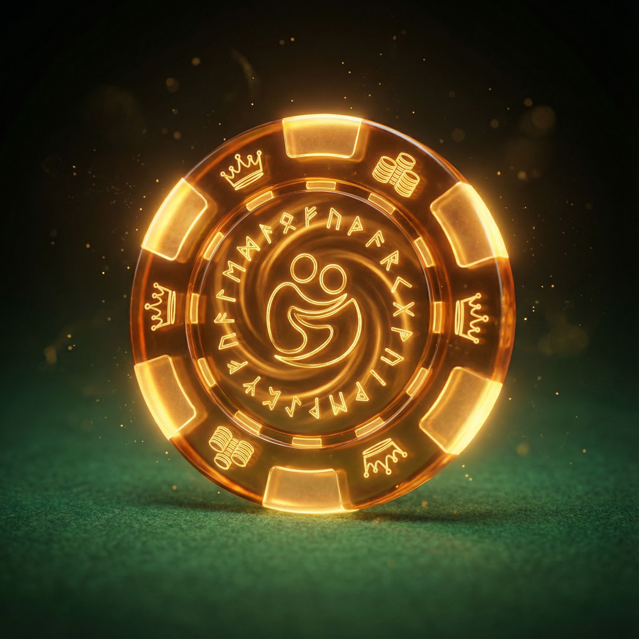 황금빛으로 빛나는 카지노 칩 위의 숫자가 부와 권력, 인간의 욕망을 상징하는 정교한 문양으로 변해가는