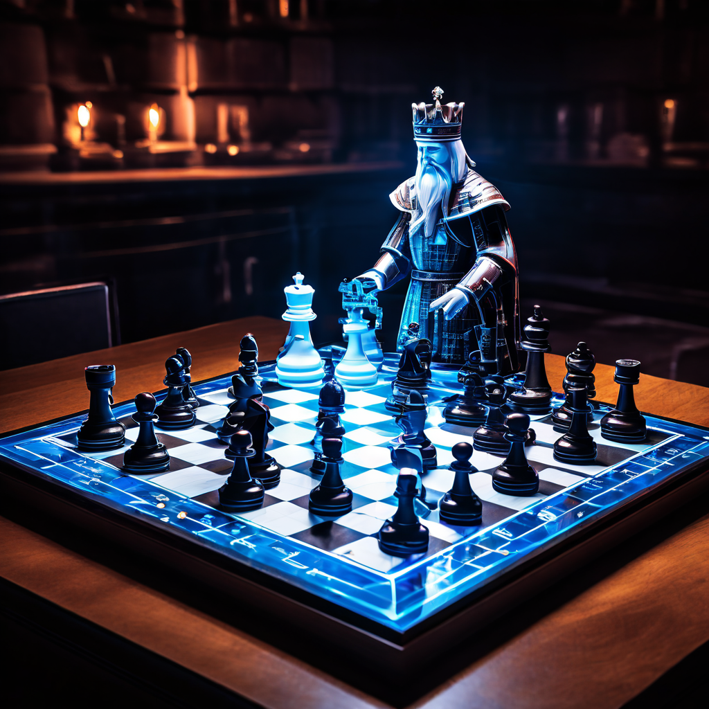 체스판 위의 킹 말이 적군의 위치와 전략을 보여주는 푸른색 홀로그램 화면을 살펴보고 있는 모습입니다.