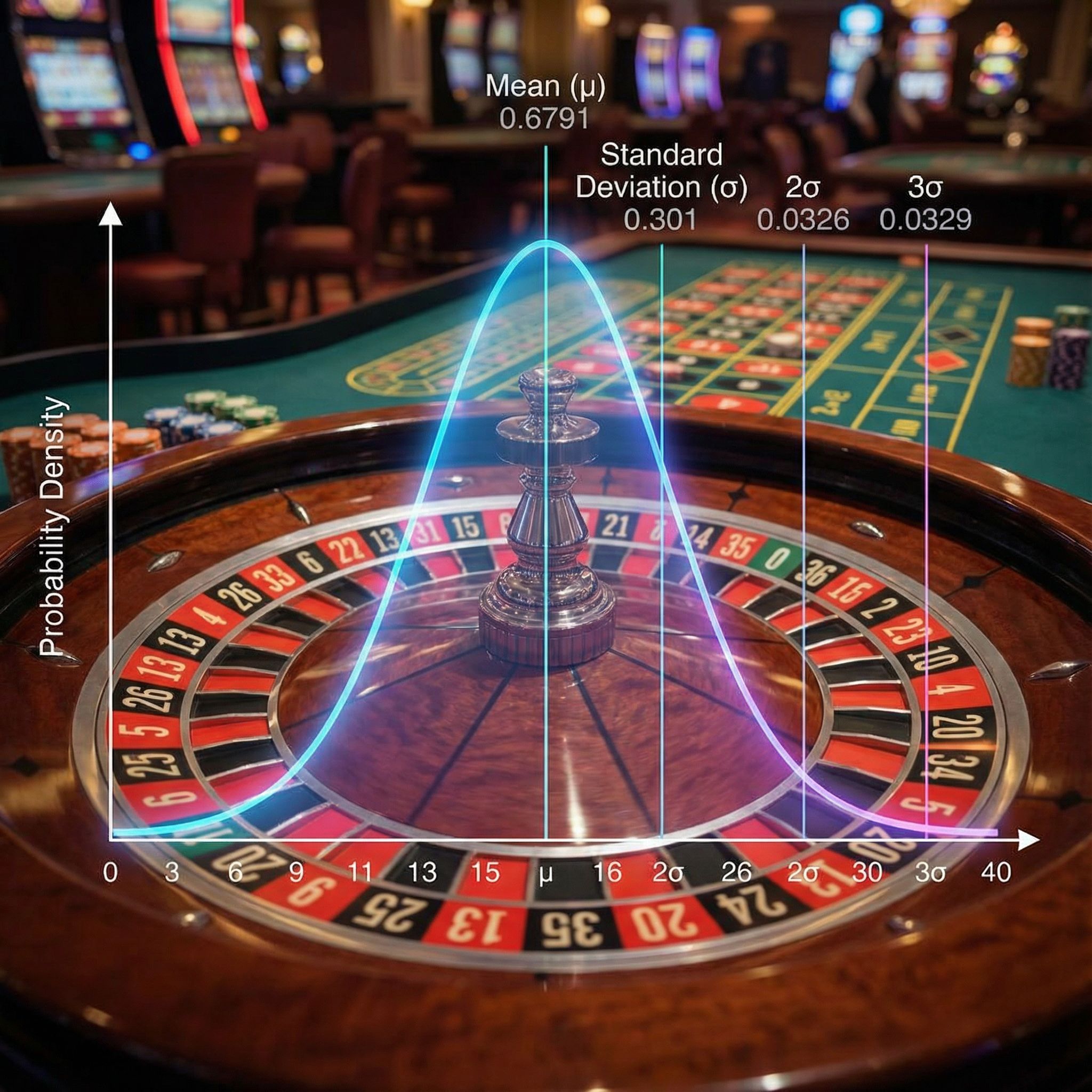 룰렛 확률 분포 시각화: 룰렛 휠 위에 정규분포 곡선과 표준편차 수치가 오버레이된 이미지