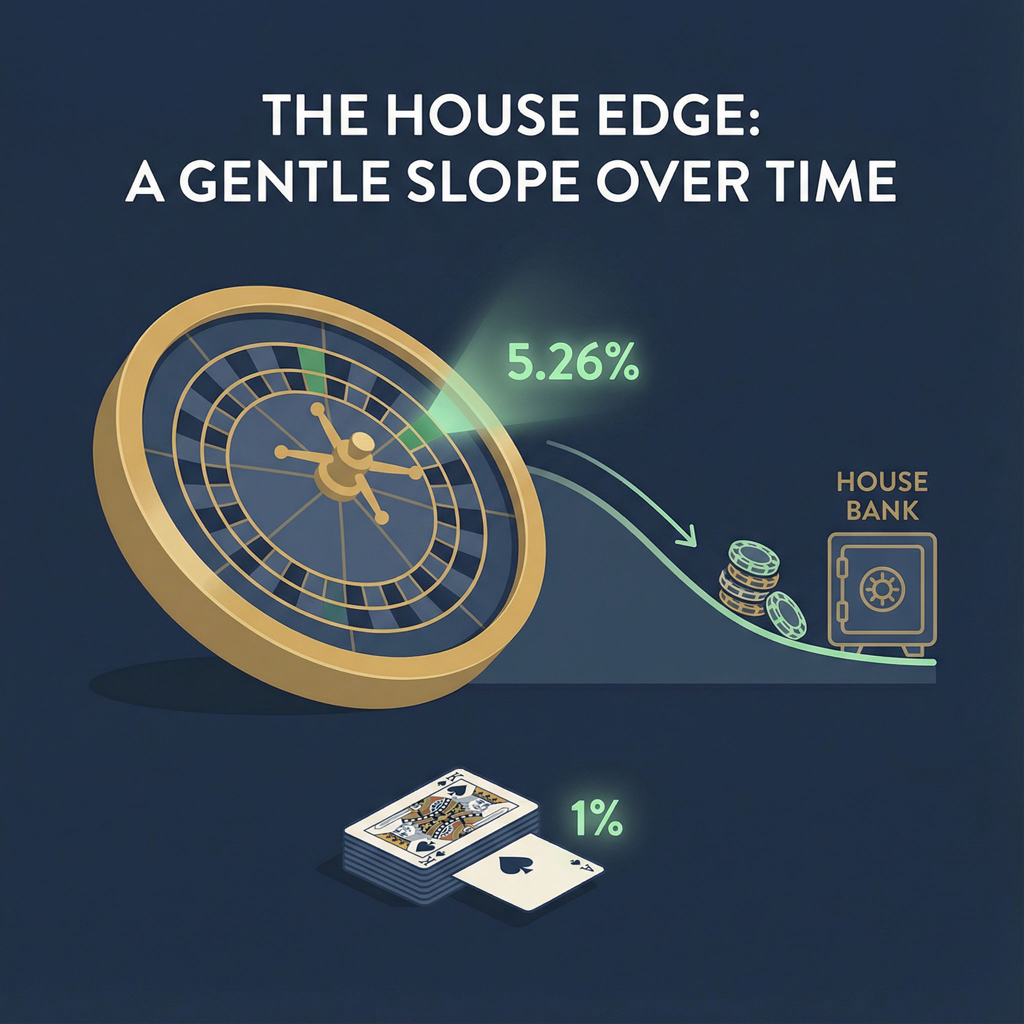 기울어진 룰렛과 수치 표시가 시간에 따른 확률 변화를 시각적으로 보여주는 장면