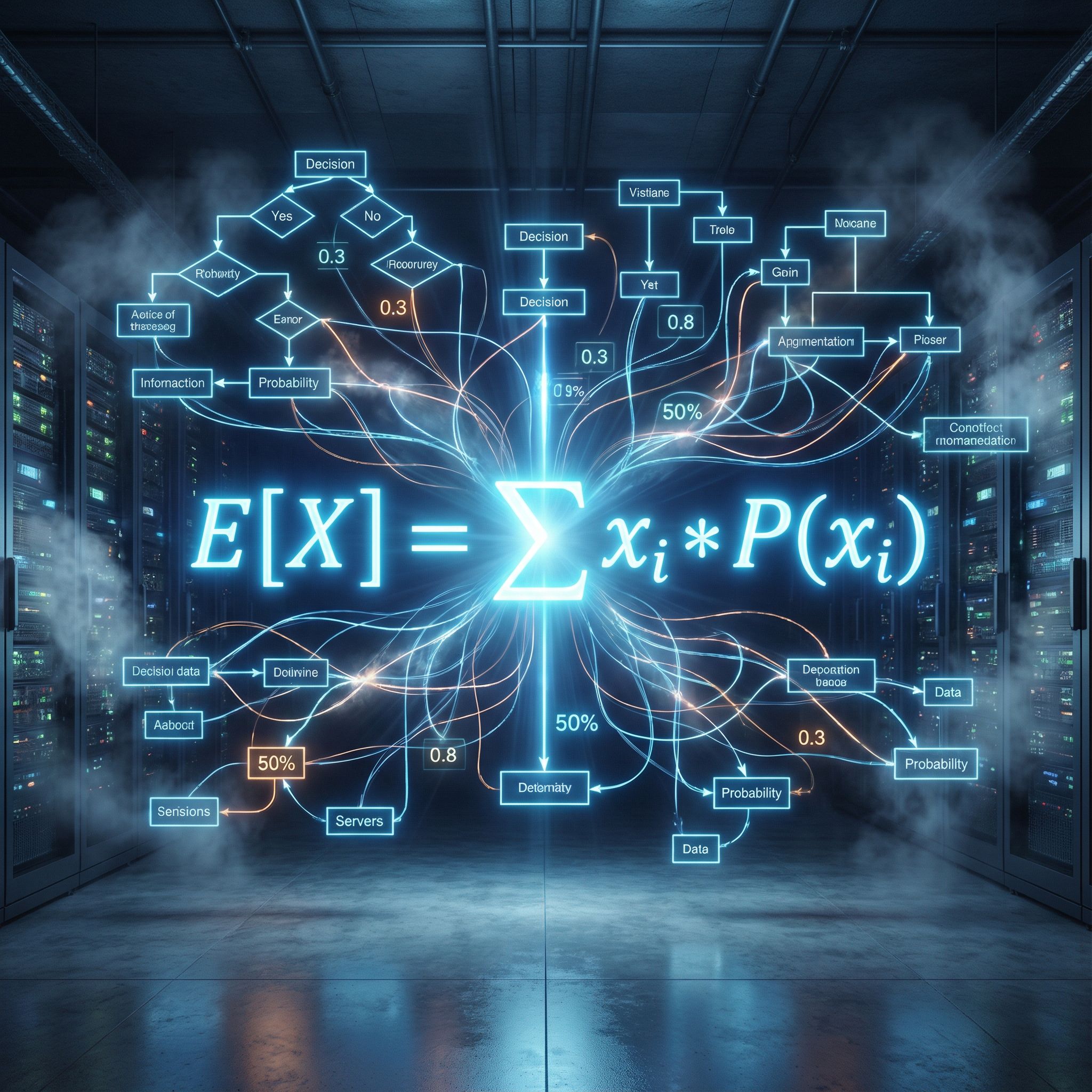빛나는 수식이 복잡하게 연결된 결정과 확률적 결과의 네트워크 위로 빛과 영향력을 발산하는 모습이다.