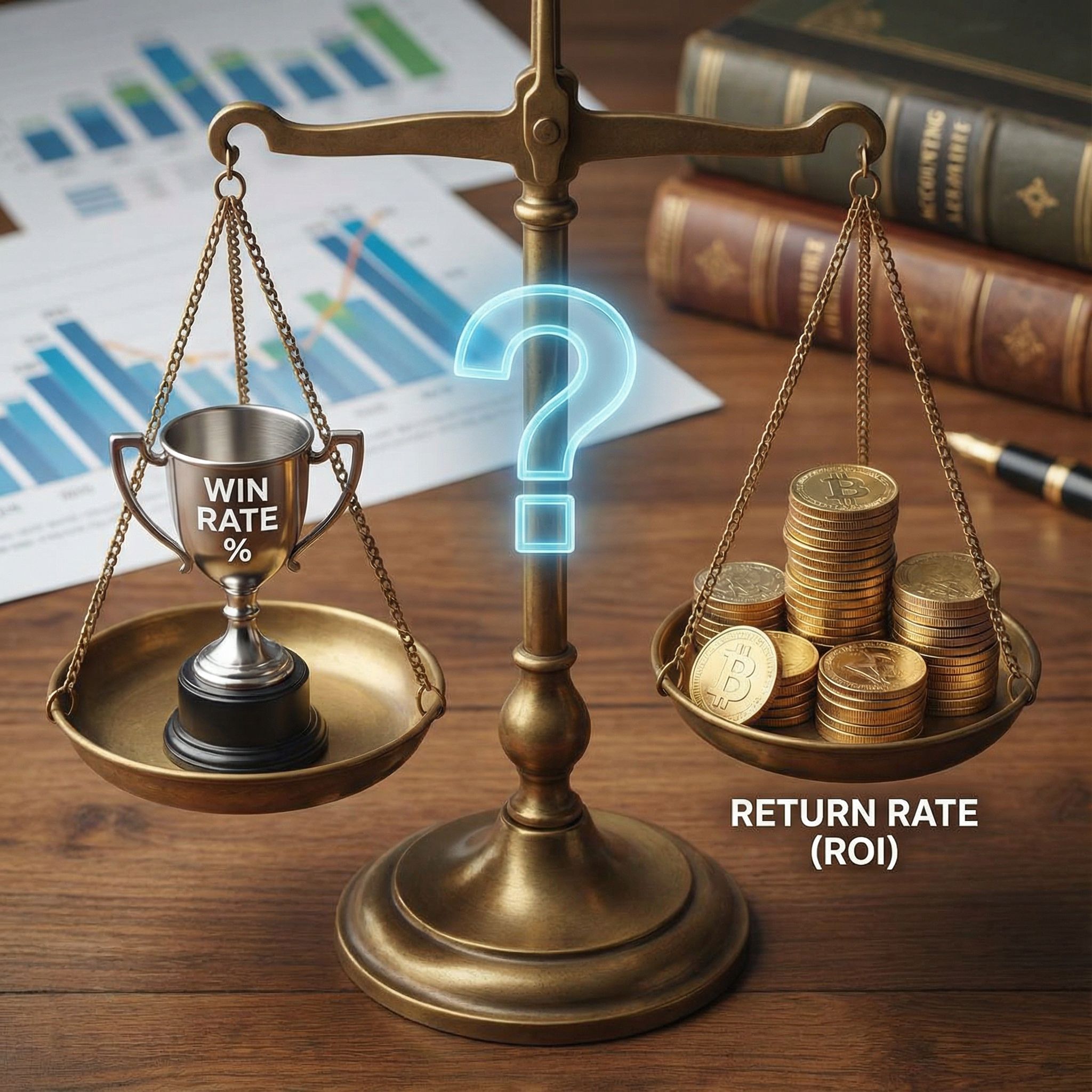 금색 트로피와 동전이 각각 저울 양쪽에 올려져 있고 중앙에 빛나는 물음표가 배치된 모습이다.