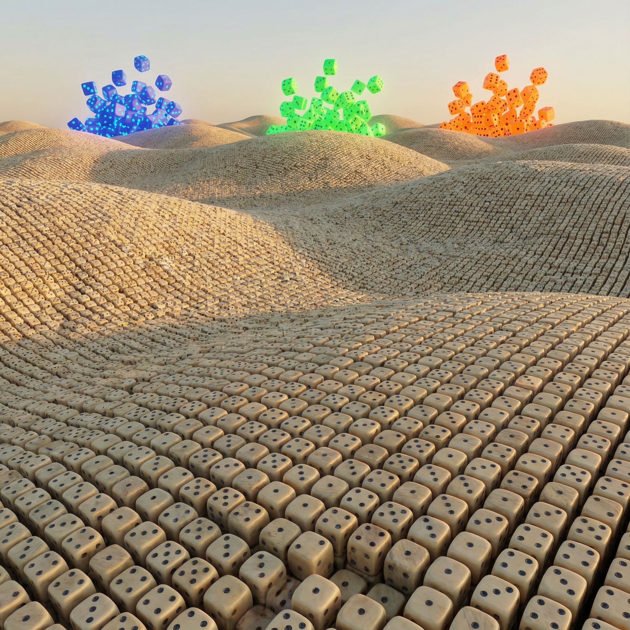 넓게 펼쳐진 주사위 평원에, 반짝이는 색으로 빛나는 몇몇 주사위 무리가 확률을 거스르는 모습이다.