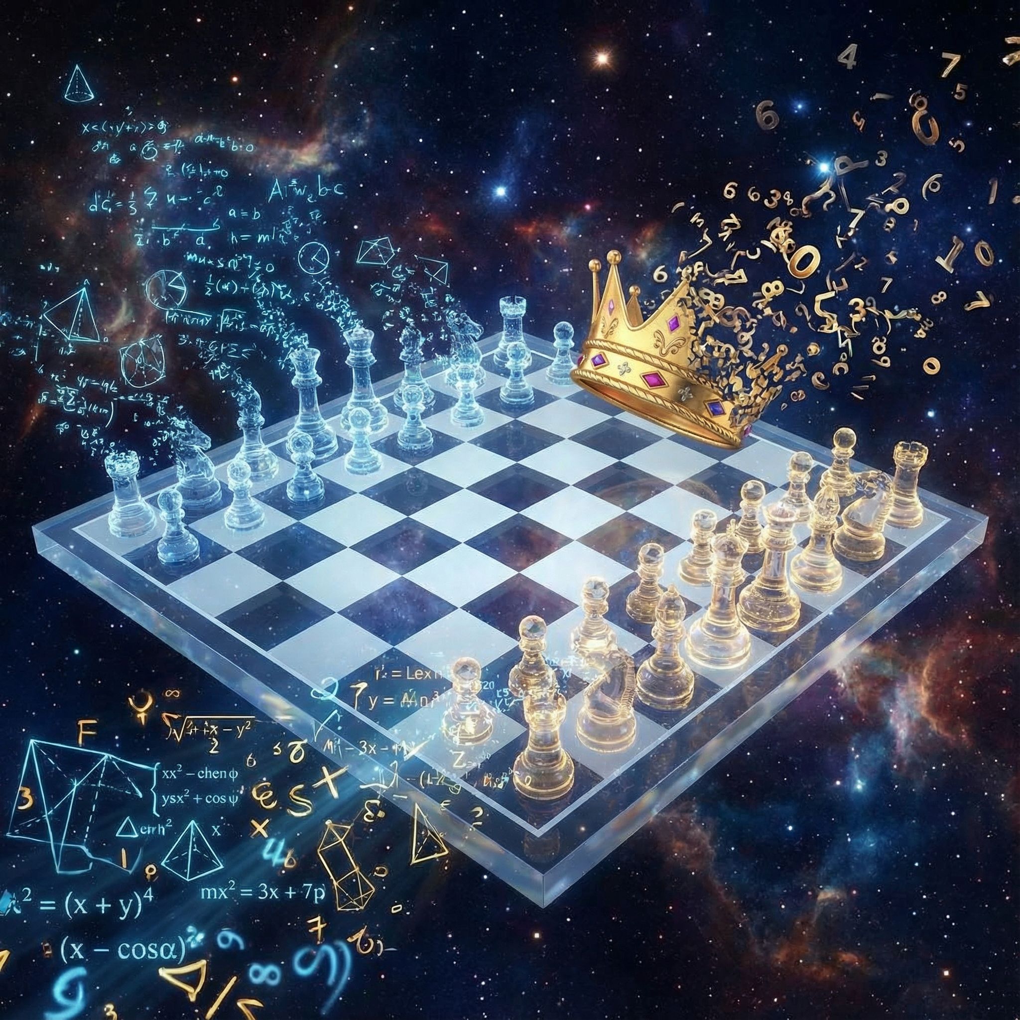 우주에 떠 있는 초현실적 체스판에서 말들이 빛나는 수학 공식으로 흩어지고, 한쪽의 승리의 왕관은 추상적인