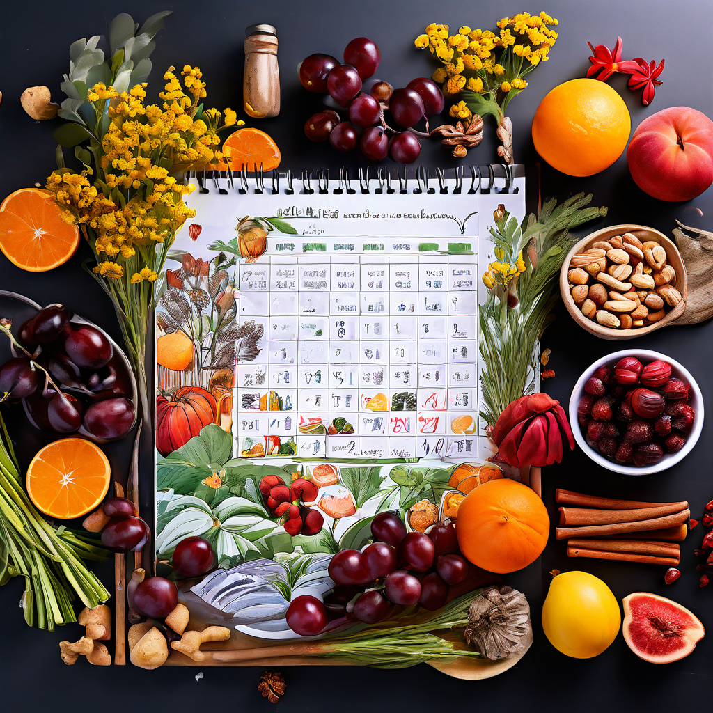 달력에 동그라미 표시된 중요한 날짜를 중심으로 생동감 있는 계절 상품과 홍보 배너가 둘러싸여 있습니다.