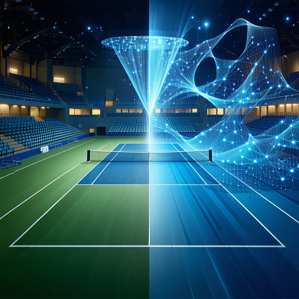 테니스 코트 위로 홀로그램 데이터 흐름이 투영되며 경기 환경을 분석하는 미래형 스포츠 테크 이미지