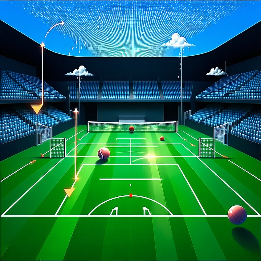 축구 경기장에서 화살표와 공 움직임이 표시된 전략 분석 시뮬레이션 화면