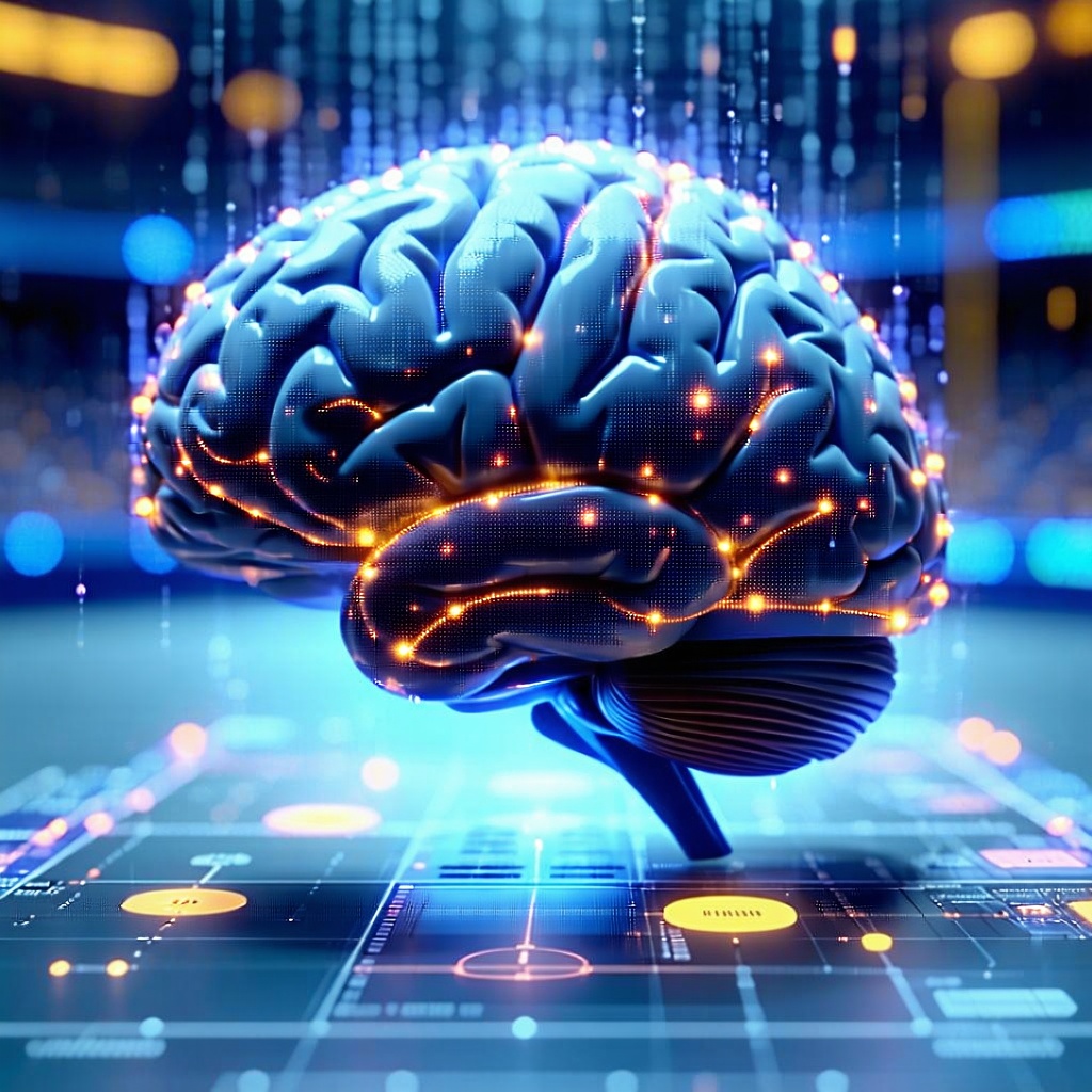 빛의 입자로 연결된 뉴런과 함께 떠 있는 디지털 뇌 구조가 AI 데이터 패널 위에서 시각화된 이미지