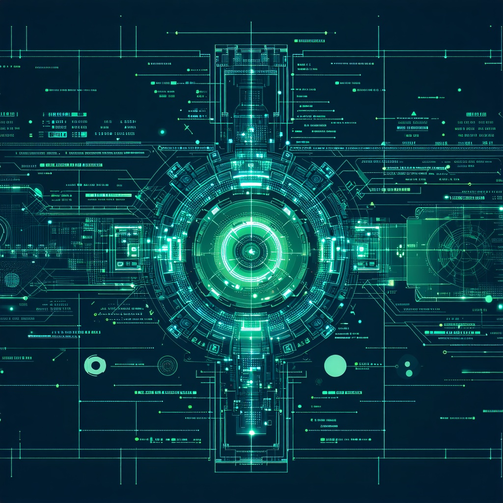 정교한 회로도와 데이터 패널이 방사형으로 배열된 고급 분석 시스템 인터페이스