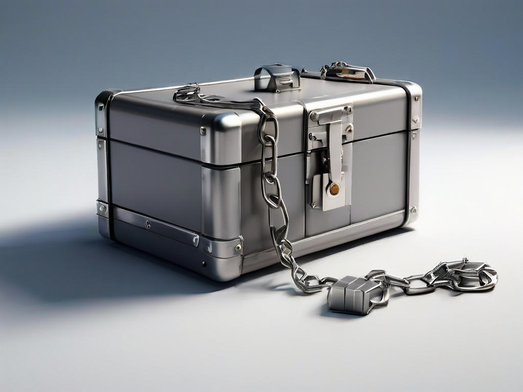 A sealed metal case linked by a short chain to separate small blocks representing connected file locations on a matte gray studio.