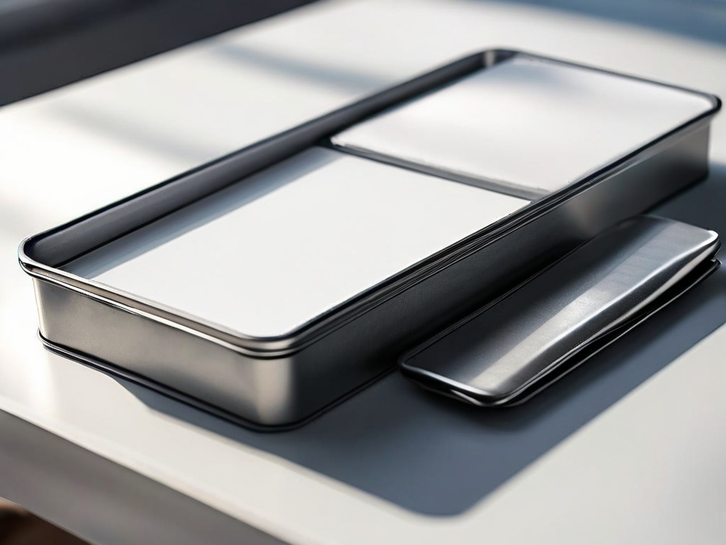 Brushed metal tray holding blank white divider cards, morning light casting soft shadows, organized storage metaphor for RSS feed...