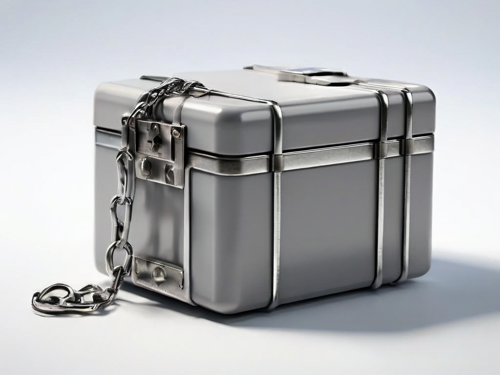 A sealed metal storage case with a short chain, beside small unmarked blocks on a gray surface.